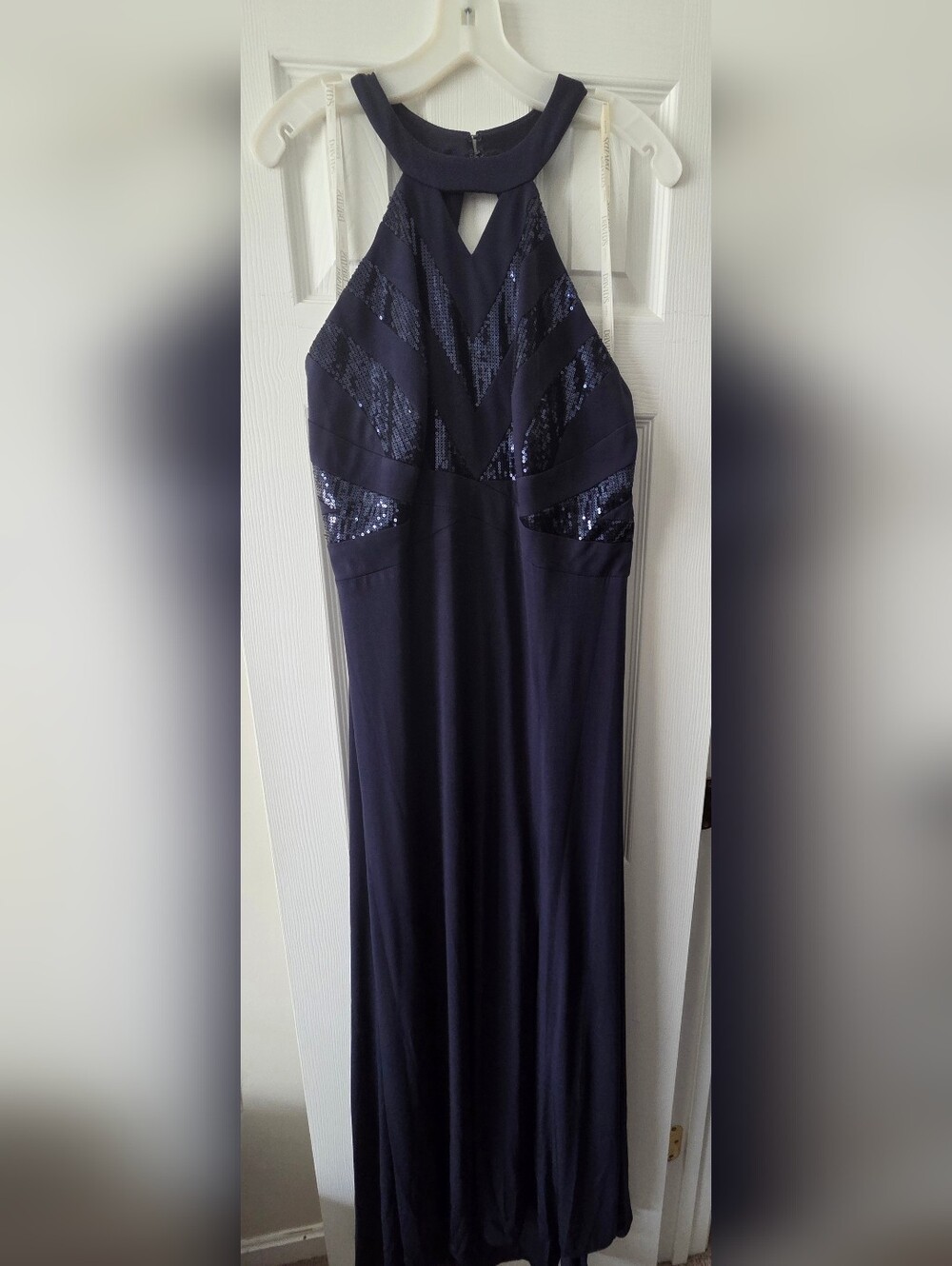 David's Bridal Navy Halter Evening Gown with Sequin Accents